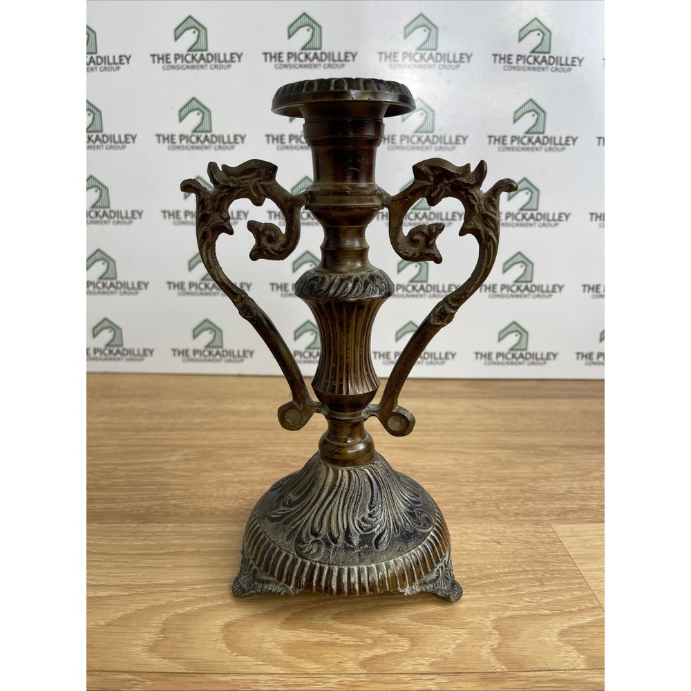Vintage Ornate Bronze Candlestick Holder Scrollwork Gothic Victorian Decor 8.5"